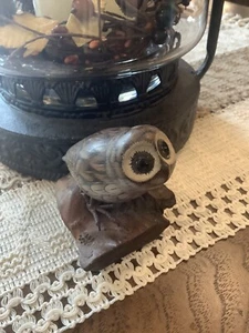 Hand Carved and Painted Wooden Owl w/ Glass Eyes - 3-1/4" Tall - Picture 1 of 5
