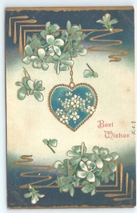 Postcard Best Wishes Heart Pendant Flowers Gold Gilt - Picture 1 of 3