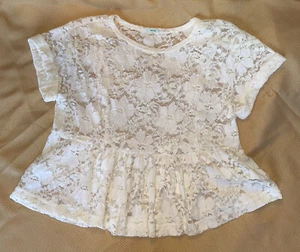 Blusa Top Kimchi Azul Mujer Off-Blanco Semi Transparente Mangas Cortas Crudo Encaje Talla S - Imagen 1 de 11