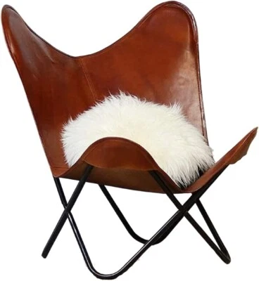 Classic Handmade Chair with Fold-able Stand Genuine Leather Butterfly Chair Home - Image 1 of 4
