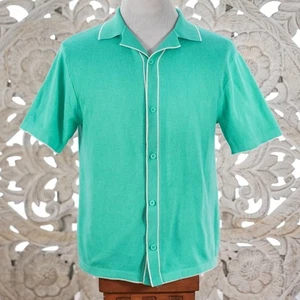 Original Use Men’s S Green Knit Button Up Shirt Retro White Trim Resort Cotton - Picture 1 of 6