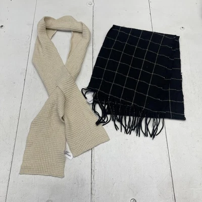 Old Navy Scarves Womens One Size Beige Rib Knit Black Windowpane Fringe Set - Image 1 of 4