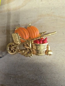 Vintage Autumn Fall pumpkins wheelbarrow Corn Enamel Squash Latch Clasp - Picture 1 of 5