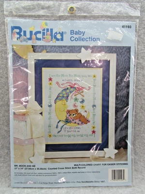 Bucilla MR. MOON AND ME Kit de registro de nacimiento de punto de cruz contado 41193 de colección 1995 NUEVO Foto 1 de 4