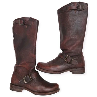 Botas FRYE Para Mujer Talla 7.5 Verónica Altas Inclinadas Marrón Cuero Hebillas Y2K Moto Foto 1 de 4