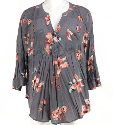 Torrid поповер блузка цветочный рулон вкладка серый розовый тропический 3/4 рукав плюс размер 2 - Изображение 1 из 4