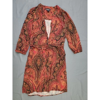 Lucky Brand Dress Womens M 3/4 Sleeve Belted V Neck Knee Length Boho Demask Red - Image 1 of 4