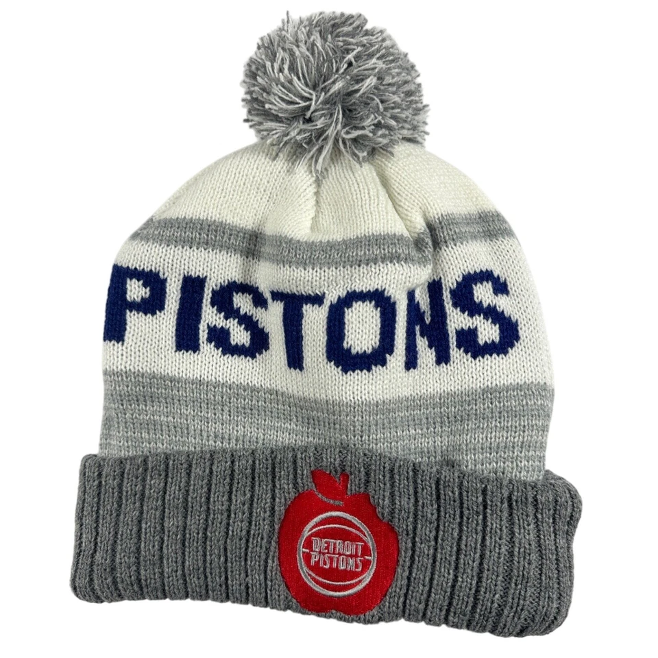 NBA Detroit Pistons Gorro Pom Tejido Blanco Gris Manzana Raro Baloncesto Oficial Foto 1 de 2