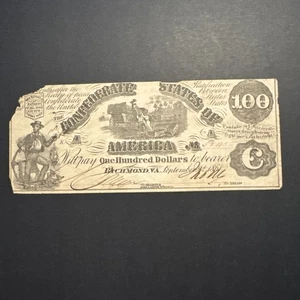 Moneda real de la Guerra Civil de los Estados Confederados de Estados Unidos $100 CSA Circ - Imagen 1 de 2