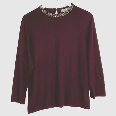 Kate Hill EggPlant Color Embellished Neck Sweater, XL, hook/bar closure at neck - Image 1 of 4