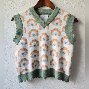 Zara Boho Retro Crop Sweater Green and White Vest Size 8 - Picture 1 of 6