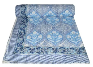 Arte indio Kantha reina edredón hecho a mano bloque manta reversible - Imagen 1 de 5