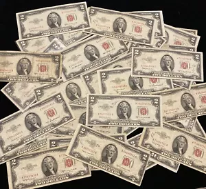 ✯1953-1963 Circulated RARE Two Dollar Bill $2 Note Fancy Red Seal Old Paper Lot✯ - Picture 1 of 12