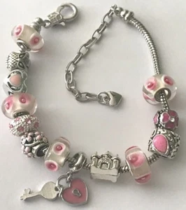 ❤️European CHARM BEADS BRACELET ~ PINK Beads w/ Sterling Silver Plated Chain❤️ - Picture 1 of 1