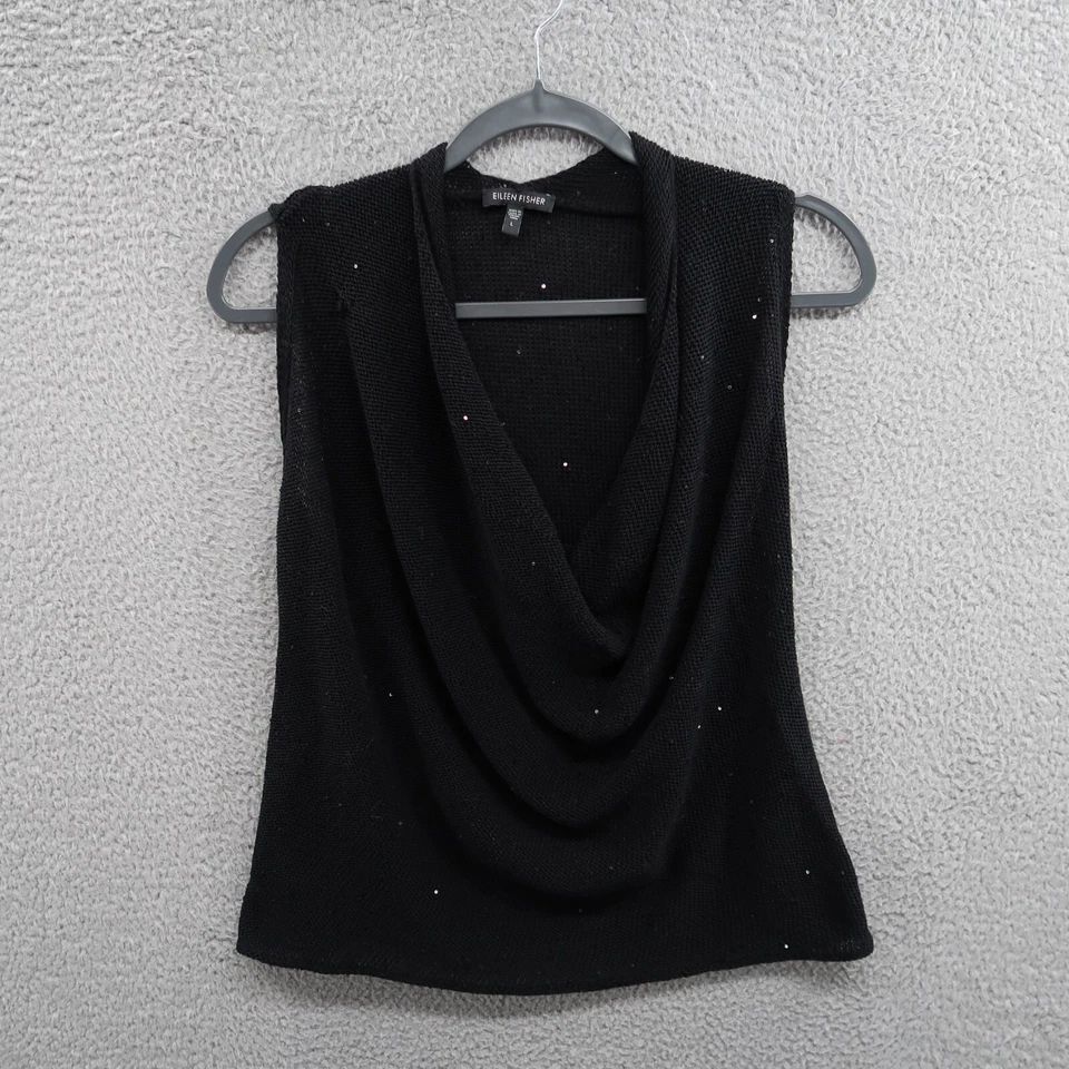 Eileen Fisher Top Womens Large Black Sleeveless Sequin Italian Yarn Cowl Neck - Image 1 of 4
