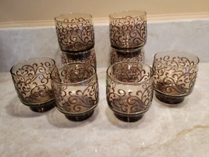 VTG Drinking Juice Libbey Glasses Prado Old Fashioned Smokey Brown Scroll  X 8 - Picture 1 of 6