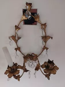 VINTAGE WALL LIGHT /SCONCE - GILT METAL & CRYSTAL DROPLETS - 2 LIGHT HOLDERS - Picture 1 of 5