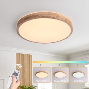 Dimmbale LED Ceiling Light Round Wood Semi Flush Mount Light with Remote Control - Picture 1 of 17