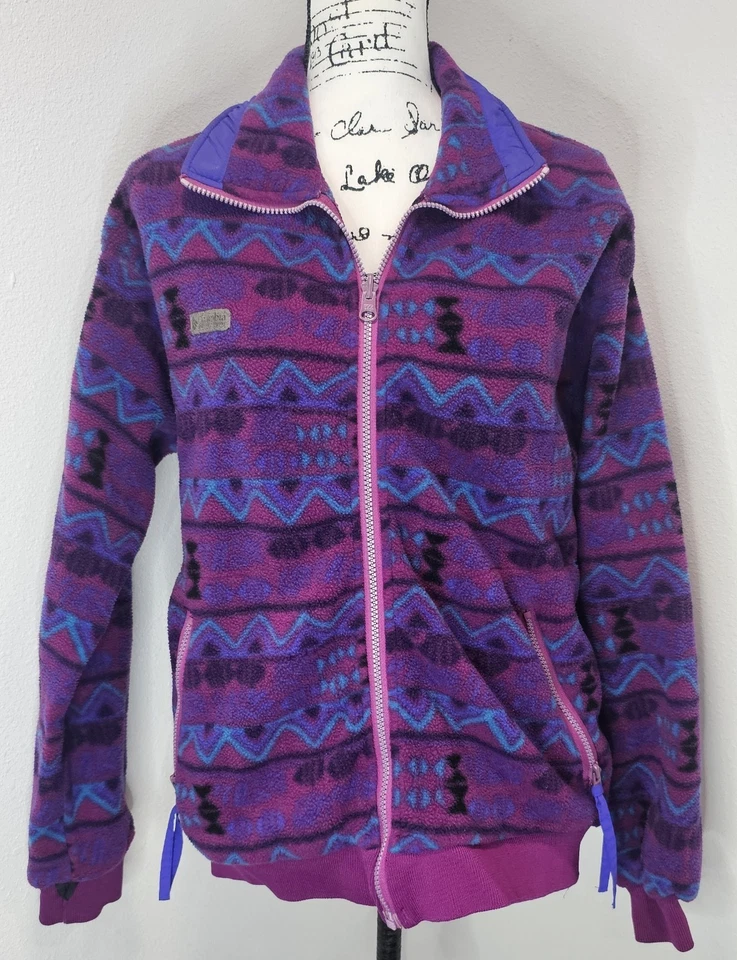 Vtg Columbia Fleece Jacket Full Zip Aztec Southwest Print Sz XL Purple Blue 90's - Image 1 of 4