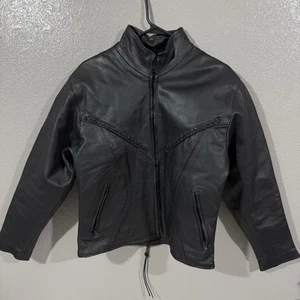 Leather Motorcycle Jacket Women’s Sz M Xelement Biker Black Braided Accents - Picture 1 of 13