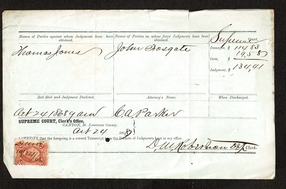 1868 Revenue First Issue  5c Red Wash CERTIFICATE Sc#R24 Canton, New York on Doc - Image 1 of 1