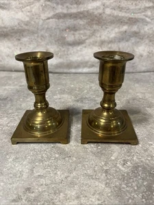 Vintage Pair of Brass Candlesticks Square Base 3 3/8” Tall Made In Hong Kong - Picture 1 of 4