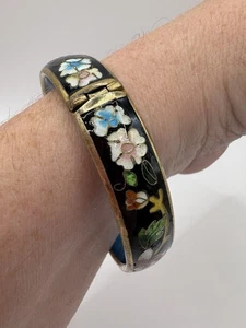 Vintage 1960s Cloisonné Enamel Black & Multi Floral Clamper Bangle Bracelet - Bild 1 von 11