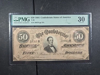 1864 $50 Confederate States of America - T-66 - VF-30 (PMG) "repaired" - Image 1 of 4