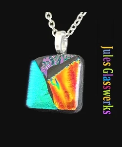 Hand Crafted Dichroic Fused Glass Pendant Necklace W/ Chain #1585 - Picture 1 of 5