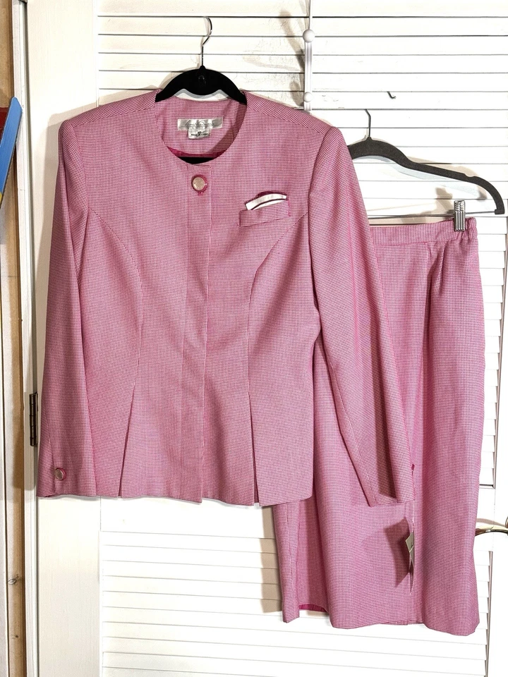 Jaqueta saia terno Gloria Vanderbilt rosa Houndstooth tamanho 10 feminina vintage - Imagem 1 de 4