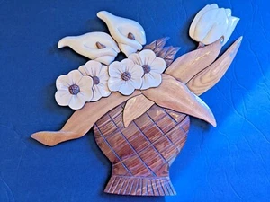 Großer Holz Intarsien Blumenkorb Handarbeit Wandbehang Kunst Wohndeko Plakette - Bild 1 von 8