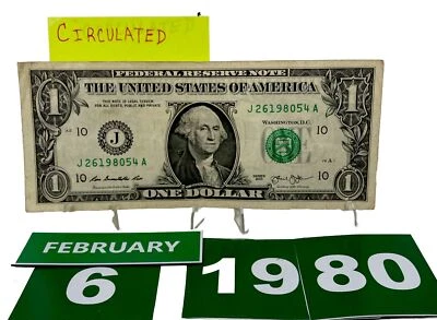 Birthday/Anniversary Dollar February 6 1980 .  Fancy Serial Number Circulated - Image 1 of 4