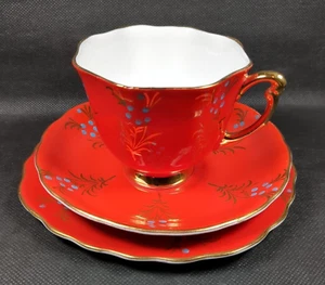 Vintage Bone China Cup, Saucer & Plate Trio ~ RED ~ Hand Painted England - Picture 1 of 21