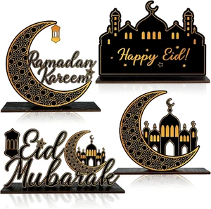 4 Pack Ramadan Kareem Eid Mubarak Table Decorations - Wooden Tabletop Signs, Bla - Picture 1 of 12