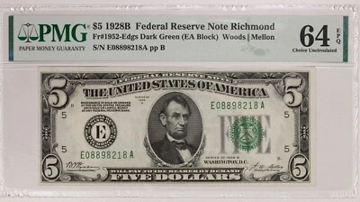 1928B PMG 64EPQ $5 Federal Reserve Note Richmond FR#1952-Edgs  Item#P17880 - Image 1 of 3