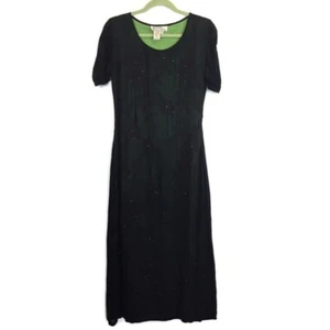PAPILLON Sz S Midi Length Dress Black Green Eyelet Floral Short Sleeve Tie Waist - Picture 1 of 8