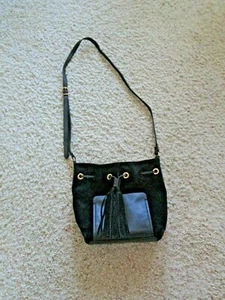 Women's  VINCE CAMUTO Crossbody Purse Black Suede Leather Drawstring Tassels - Picture 1 of 7