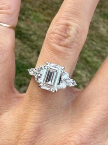4Ct IGI E-VS1 Emerald Cut Lab Grown Diamond Eternity Wedding Ring 14K White Gold - Picture 1 of 10