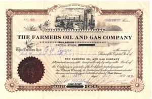 FARMERS OIL & GAS CO 1917 STOCK CERTIFICATE COLORADO CW AYERS OILWELL VIGNETTE - Imagen 1 de 2