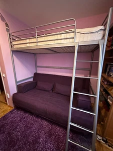 Hochbett 90x200 Metall grau, Klappcouch 80/140x200 & Flokati, Farbe Brombeer - Bild 1 von 3