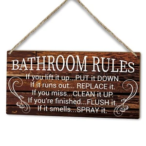Bathroom Rules Warning Sign, 10" x 5" Printed Wood Door Hanging Plaque Decor,... - Picture 1 of 5