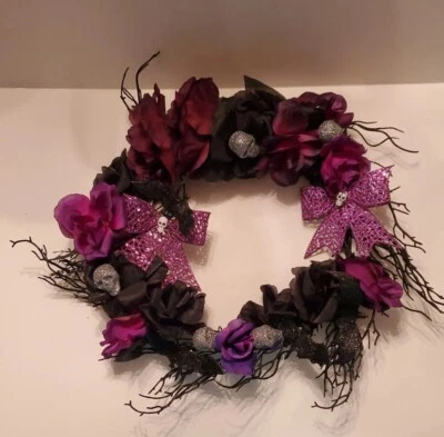 Halloween Wreath Purple & Black Glitter Silver Skulls Purple Bows Black Bats  - Image 1 of 4