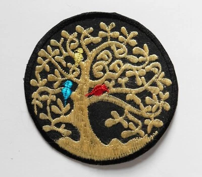 Round Sew On Patch * Nepalese * 8.2cm * Black Cream Tree of Life Coloured Birds - Image 1 of 2