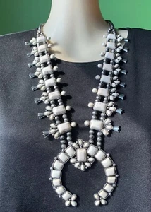 Squash Blossom Southwest Style White Howlite Stone & Silver Tone Necklace - Picture 1 of 23