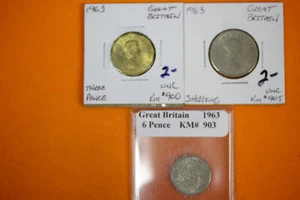 Lot of 3 Great Britain 1963 3 Pence, 1963 6 Pence, 1963 Shilling Coins #SET011 - Picture 1 of 2