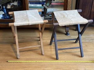 Pair Vintage Oak Wood & Canvas Folding Camp Chairs / Stool - Parts Or Repair - Picture 1 of 18