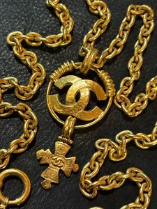 CHANEL Necklace Pendant choker Gold Tone Logo Swing Cross Coco CC Kenkenjp GP FS - Picture 1 of 19