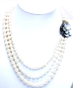 Collar de perlas blancas naturales de agua dulce de arroz de 7-9 mm para mujer 3 hilos 17-19" - Imagen 1 de 6
