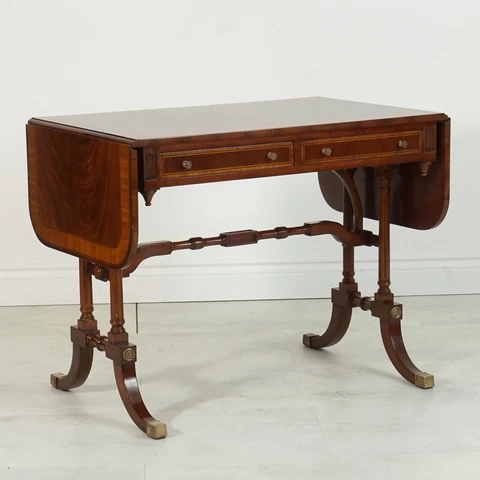 English Drop Leaf Writing Desk Flamed Mahogany with Brass Cover