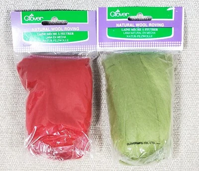 Clover 100% WOOL ROVING Needle FELTING 2 NEW .7 oz Pkg. Red, Moss Green - Image 1 of 2